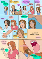 drawing comic color tongue blue_eyes saliva brunette digestion short_hair shrunken_woman open_mouth pre_vore burp dialogue observer