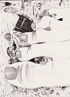 drawing crush feet monochrome destruction toes barefoot blood foot_crush death horses weapons swords under_toes fish spears axes cart