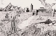 breasts drawing nipples giantess nude long_hair destruction military castle knights marcos_snowbell belly palm_trees attacking smoke_pillar portcullis gate_tower catapult trebuchets horsemen