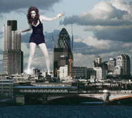 collage city mega bridge destruction buildings helicopter red_hair shorts london smoke clouds sky karen_gillan waterfront gherkin
