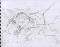 drawing giantess mega monochrome swimsuit cleavage lying_down looking_at_viewer hank88