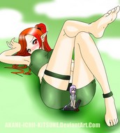 drawing giantess blushing size_difference color barefoot red_eyes elf red_hair lying_down grey_hair pointed_ears akane_ichii_kitsune