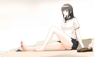 drawing gentle giantess feet upskirt color long_hair beach small_men barefoot pantyshot couple sitting uniform relaxing ビク太 discarded_shoes bikuta