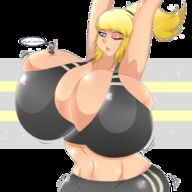 drawing blonde color huge_breasts shrunken_men shrunken_man ponytails jiggle no_background arms_raised one_eye_closed