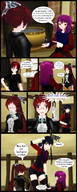 growth giantess comic black_hair long_hair handheld glasses purple_hair red_eyes yellow_eyes red_hair shrunken_woman indoors pointed_ears digital_render saya desu-of-hakurei