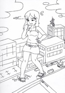 drawing giantess city monochrome sandals foot_crush belly foot_print vehicles top miniskirt joethevenezuelan matthiasenblade