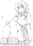 drawing giantess giga city monochrome destruction huge_breasts sitting toka
