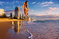 giantess collage butt swimsuit beach buildings brunette wonderslug waves clouds sky behind_view seashore michelle_lewin