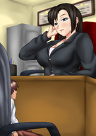 drawing brunette shrunken_men office amazon uniform shrunken_man suit chairs etz boss_lady looking_at_tiny