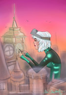 drawing giantess white_hair city mega sunset gigantica goggles clock_tower edwina