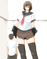 drawing giantess panties upskirt color small_men skirt glasses brunette pantyshot short_hair mini_giantess uniform bikuta kneehigh_socks