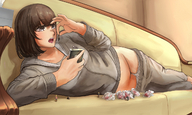 drawing vore color clothed brunette lying_down shrunken_men between_fingers grey_eyes sofa imminent_vore uru track_suit