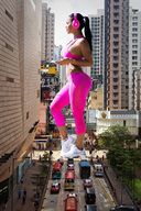 giantess collage city traffic unknown_artist bus headphones streets vehicles sneakers between_buildings