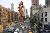 giantess collage city swimsuit buildings unknown_artist muscles streets vehicles athletic looking_at_viewer between_buildings female_bodybuilder