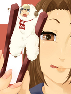 drawing color tongue brunette crying brown_eyes shrunken_men shrunken_man chopsticks nail_polish looking_at_tiny nekomata between_chopsticks ram_costume