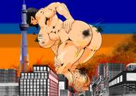 breasts drawing giantess nude city butt destruction buildings helicopter military unknown_artist muscles tower sky