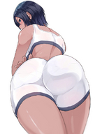 drawing black_hair color butt short_hair black_eyes shorts point_of_view looking_at_viewer sports_bra sports_outfit miyamotoissa