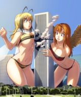 bikini drawing giantess wings city blonde color large_breasts swimsuit destruction buildings red_eyes breast_crush brunette yellow_eyes park skyscraper giantesses costume bee_girl onichan-xd