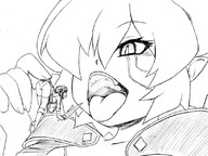 drawing upskirt monochrome handheld shrunken_woman open_mouth imminent_vore pointed_ears hair_covering_eyes