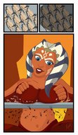 breasts drawing giantess horns mega alien comic color robot blue_eyes breast_crush star_wars sci-fi top orange_skin togruta bare_midriff kisparlius ahsoka_tano jedi Mega lekku tattoo battle_droid