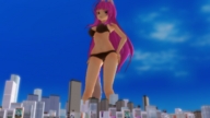 giantess city long_hair swimsuit pink_hair outdoors digital_render