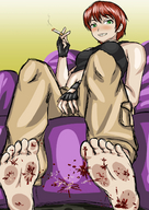 drawing aroused color soles green_eyes orgasm blood gloves red_hair short_hair sitting foot_crush smoking cruel looking_at_viewer stuck_to_foot wet_pants etz