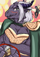 drawing giantess micro blushing dragoness horns color fairy trapped cape crossed_arms scales etz shoulder_pad between_breasts