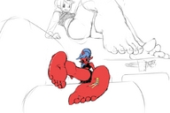 drawing panties feet long_hair small_men toes barefoot soles glasses blue_hair fanart shrunken_woman teasing looking_back tied_down no_background panty_and_stocking_with_garterbelt kneesocks_(panty_and_stocking) fooooly