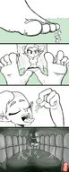 drawing vore monochrome tongue handheld barefoot saliva tree elf uvula sitting shrunken_woman open_mouth inside_mouth dangle between_toes inside_view on_uvula