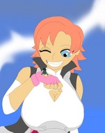 drawing giantess color blue_eyes cleavage huge_breasts gloves request orange_hair rwby on_back_of_hand final7darkness nora fartmaniac
