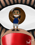 drawing giantess color green_eyes brown_eyes eye eye_lashes nail_polish on_finger looking_at_tiny micromike self_portrait