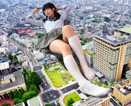 giantess collage city skirt buildings socks asian lying_down unknown_artist looking_at_viewer downward_angle