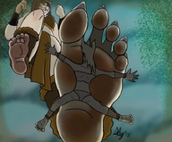 drawing crush color long_hair barefoot foot_crush shrunken_man under_foot closed_eyes point_of_view sharp_nails