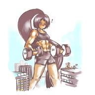 drawing gentle giantess blushing city anime brunette smiling yilx navel muscles belly looking_down thighs arie looking_at_tiny weightlifting fan_club