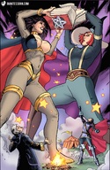 breasts drawing nipples black_hair armor red_eyes brown_eyes red_hair fire giantesses magic giantessfan wizard fire_emblem witch_hat sorceress arbmands reflet lucina miriel robin_(fire_emblem) tharja_(fire_emblem)