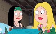 breasts blonde black_hair long_hair brunette shrunken_man cartoon american_dad indoors milf necklace headband stan_smith looking_at_tiny the_shrink francine_smith miniature_city hayley_smith