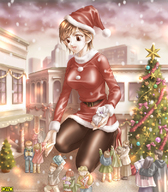 drawing gentle giantess city color anime brunette omc brown_eyes christmas nylons outdoors santa_claus santa_costume presents