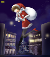 drawing gentle giantess color anime green_eyes brunette omc christmas nylons running outdoors santa_claus santa_costume
