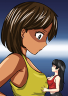 drawing size_difference cleavage anime brunette brown_eyes looking_down earrings etz looking_at_tiny