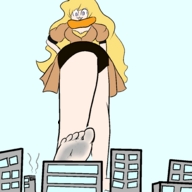 drawing city mega blonde color tongue destruction barefoot buildings purple_eyes foot_crush rubble looking_down between_toes dirty_soles rwby yang_xiao_long sleepycoffin
