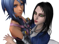 black_hair blue_eyes green_eyes tifa_lockhart blue_hair shrunken_woman hugging final_fantasy_vii kingdom_hearts alice_in_wonderland madness_returns looking_at_viewer digital_render dante-564 alice_liddell between_breasts aqua_(kingdom_hearts)