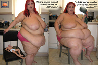 breasts crush collage size_difference barefoot butt_crush story red_hair kitchen shrunken_man underneath pinned chair indoors ssbbw looking_at_viewer squeezemeflat