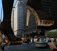 giantess collage city mega high_heels tights running civilians vehicles point_of_view raised_foot crowds