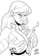 breasts drawing gentle giantess mega monochrome large_breasts cleavage superhero giganta boots callmepo lineart cape commission belt leotard jumpsuit power_girl no_background superheroine dc_comics ajg916 cupping_breasts between_breasts