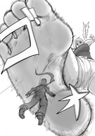 drawing monochrome barefoot soles low_angle shrunken_man looking_down point_of_view raised_foot imminent_crush looking_at_tiny