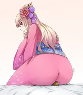 drawing crush blonde color long_hair butt ochiko_terada butt_crush purple_eyes smiling kimono shrunken_man flower looking_back smug devious