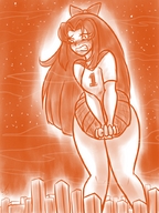 breasts drawing growth giantess blushing city mega monochrome ribbon embarrassed looking_down hair_bow covered miniskirt twisted_persona bare_legs