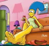 drawing feet color toes barefoot blue_hair foot_worship sitting marge_simpson simpsons worship the_simpsons milf beer necklace sofa homer_simpson shrunken_character mousticus yellow_skin