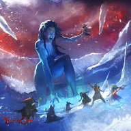 breasts drawing giantess nude color handheld cleavage angry goddess horse kneeling battle belly painting open_mouth snow magic thighs winter glowing_eyes warriors looking_at_tiny electricity skadi jaggudada norse_mythology earth_core