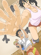 drawing black_hair color cleavage anime yellow_eyes smiling shrunken_men crawling looming reaching thighs running_away knee_highs looking_at_tiny